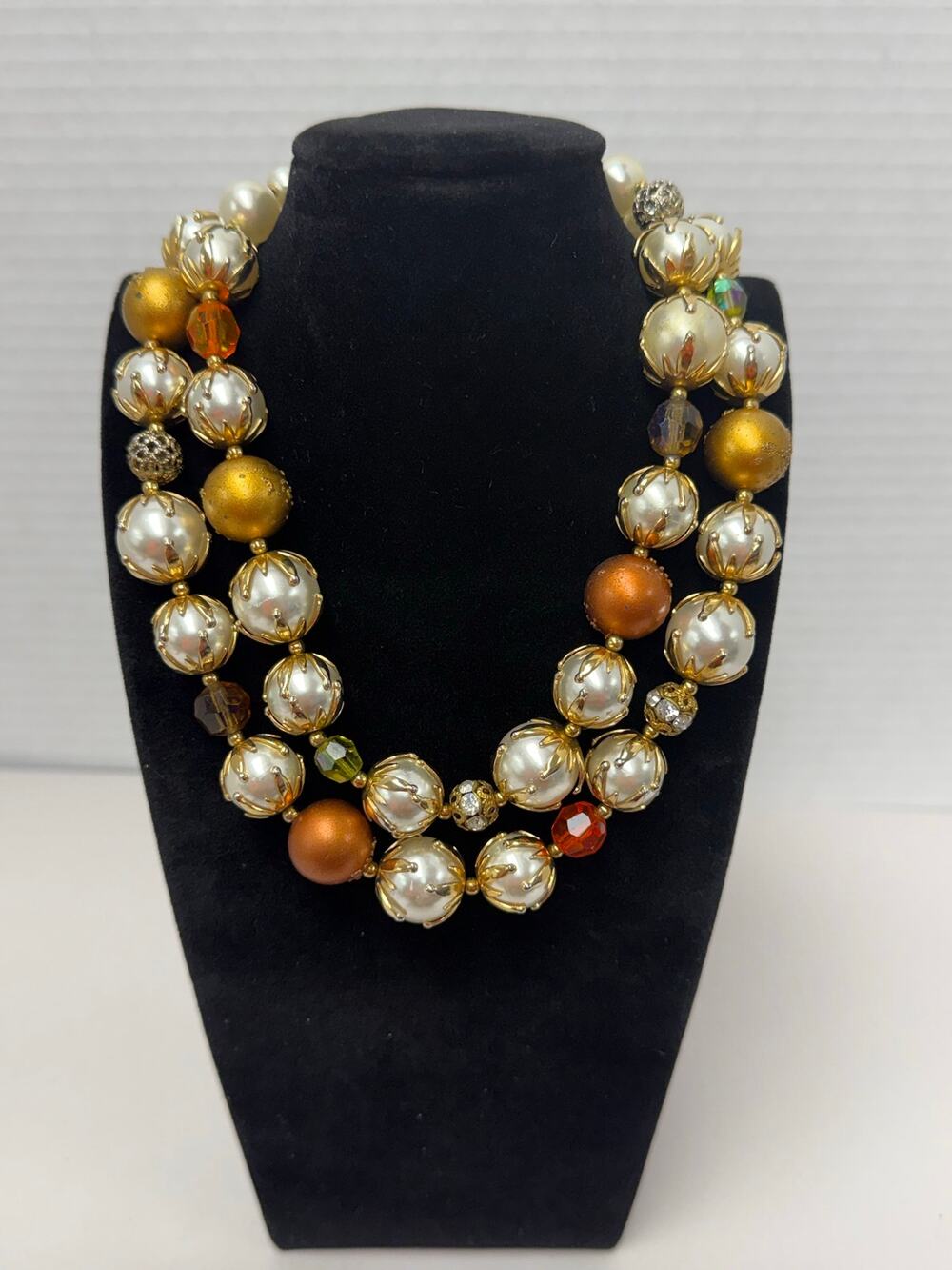 Vintage Deauville Double Strand Necklace Gold Tone Pearl Champagne Accents 14"